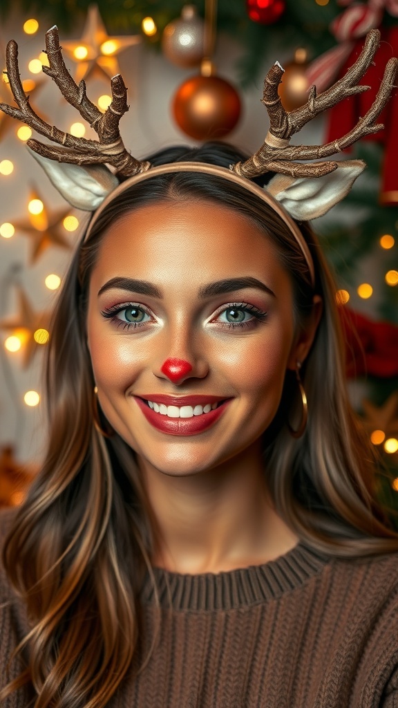 A model showcasing a festive reindeer makeup look with brown face makeup, red nose, and twigs as antlers.